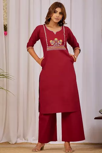 Maroon embroidery cotton kurta with pant
