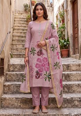 pink ethnic graceful shimmer linen cotton suit for girls 1