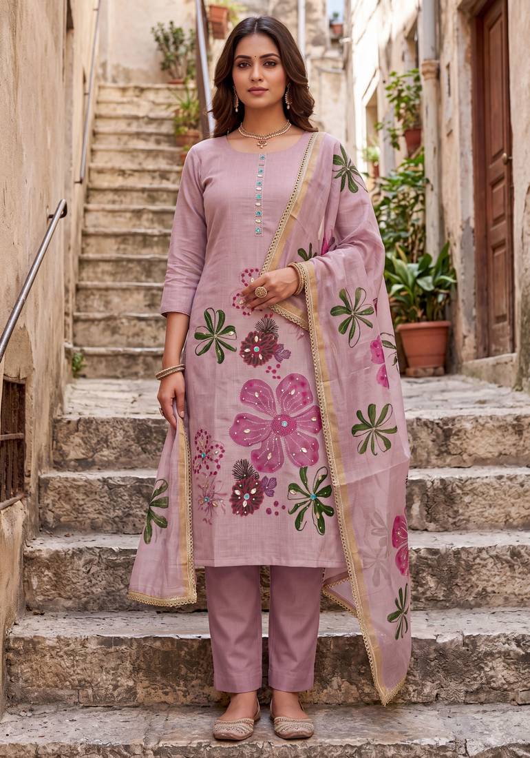 pink ethnic graceful shimmer linen cotton suit for girls