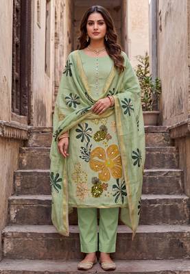 green ethnic graceful shimmer linen cotton suit for girls 1