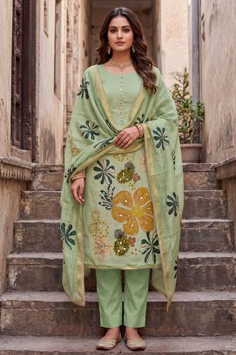 green ethnic graceful shimmer linen cotton suit for girls
