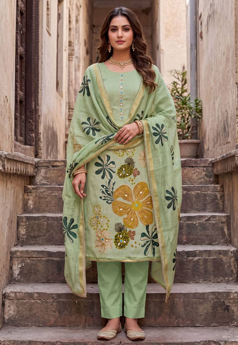 green ethnic graceful shimmer linen cotton suit for girls