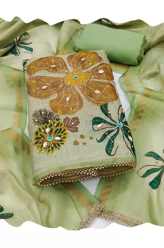 green ethnic graceful shimmer linen cotton suit for girls