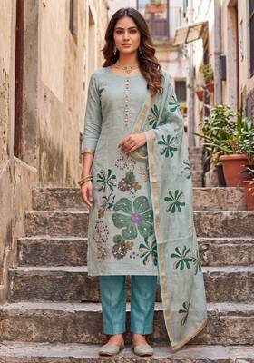 blue ethnic graceful shimmer linen cotton suit for girls 1