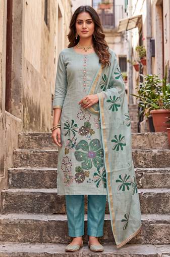 blue ethnic graceful shimmer linen cotton suit for girls
