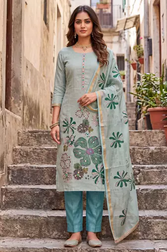 blue ethnic graceful shimmer linen cotton suit for girls