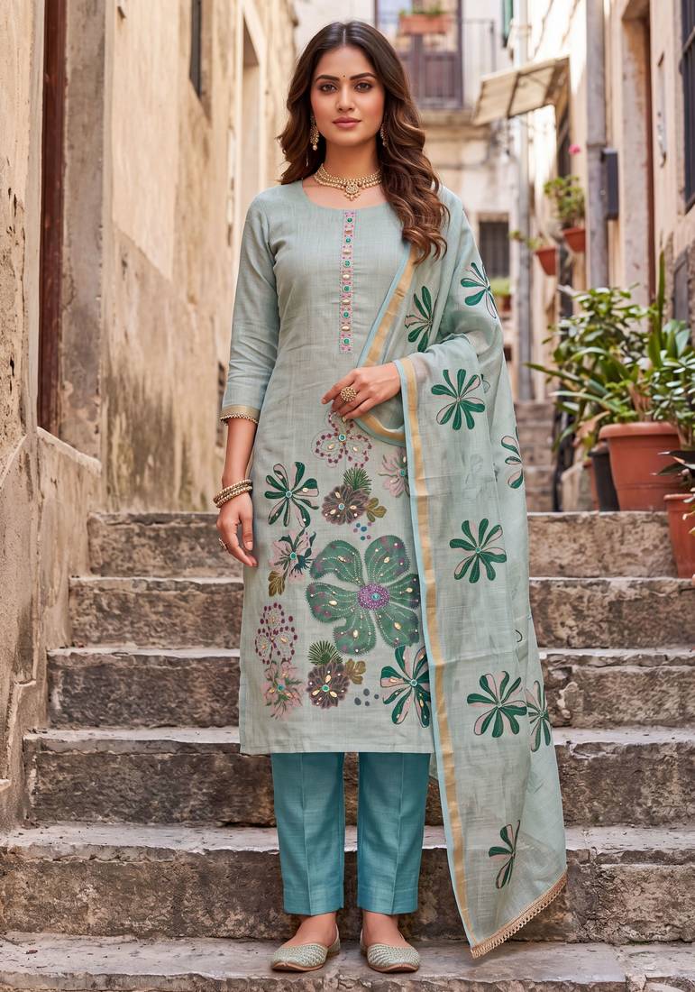 blue ethnic graceful shimmer linen cotton suit for girls