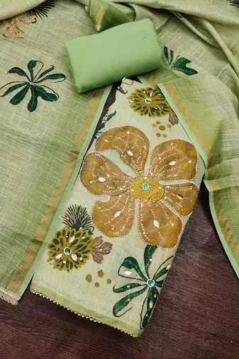 green ethnic graceful shimmer linen cotton suit for girls