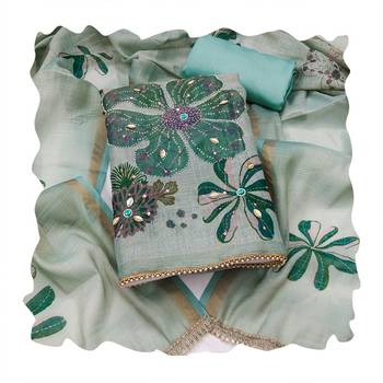 blue ethnic graceful shimmer linen cotton suit for girls 2