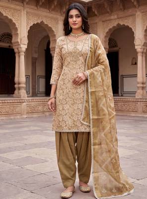olive ethnic graceful shimmer linen cotton suit for girls 1