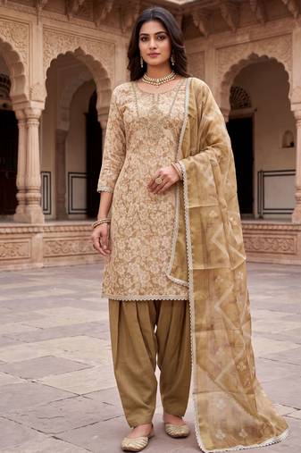 olive ethnic graceful shimmer linen cotton suit for girls
