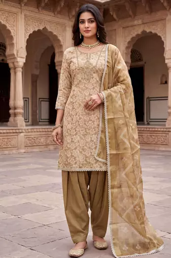 olive ethnic graceful shimmer linen cotton suit for girls