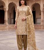 olive ethnic graceful shimmer linen cotton suit for girls