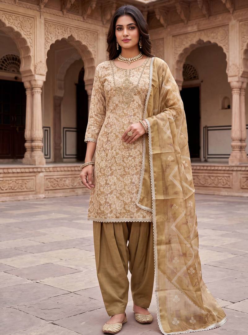 olive ethnic graceful shimmer linen cotton suit for girls