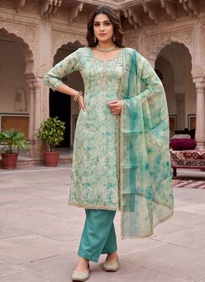blue ethnic graceful shimmer linen cotton suit for girls 1