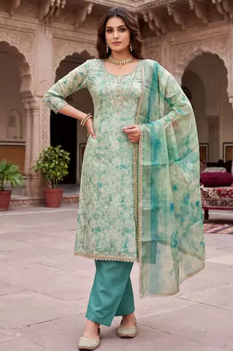 blue ethnic graceful shimmer linen cotton suit for girls