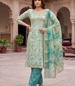 blue ethnic graceful shimmer linen cotton suit for girls