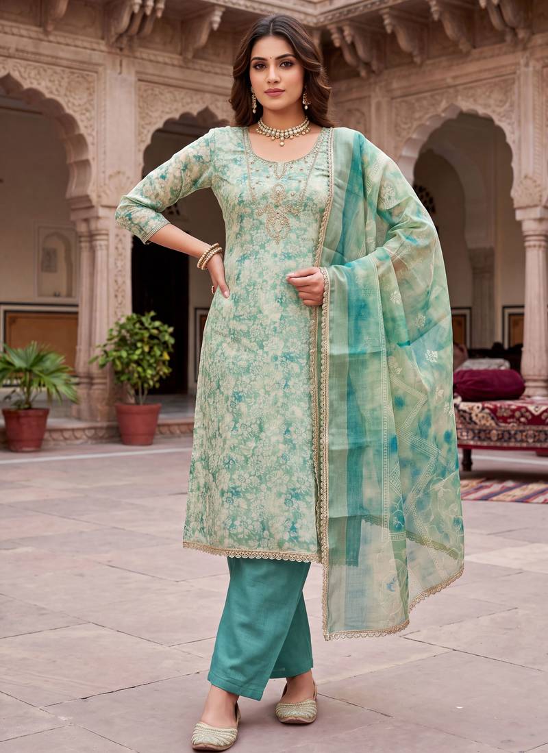 blue ethnic graceful shimmer linen cotton suit for girls