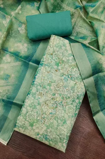 blue ethnic graceful shimmer linen cotton suit for girls
