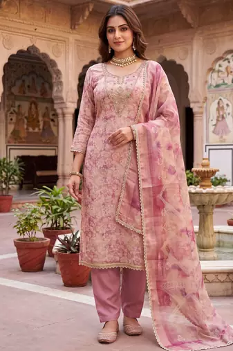 pink ethnic graceful shimmer linen cotton suit for girls