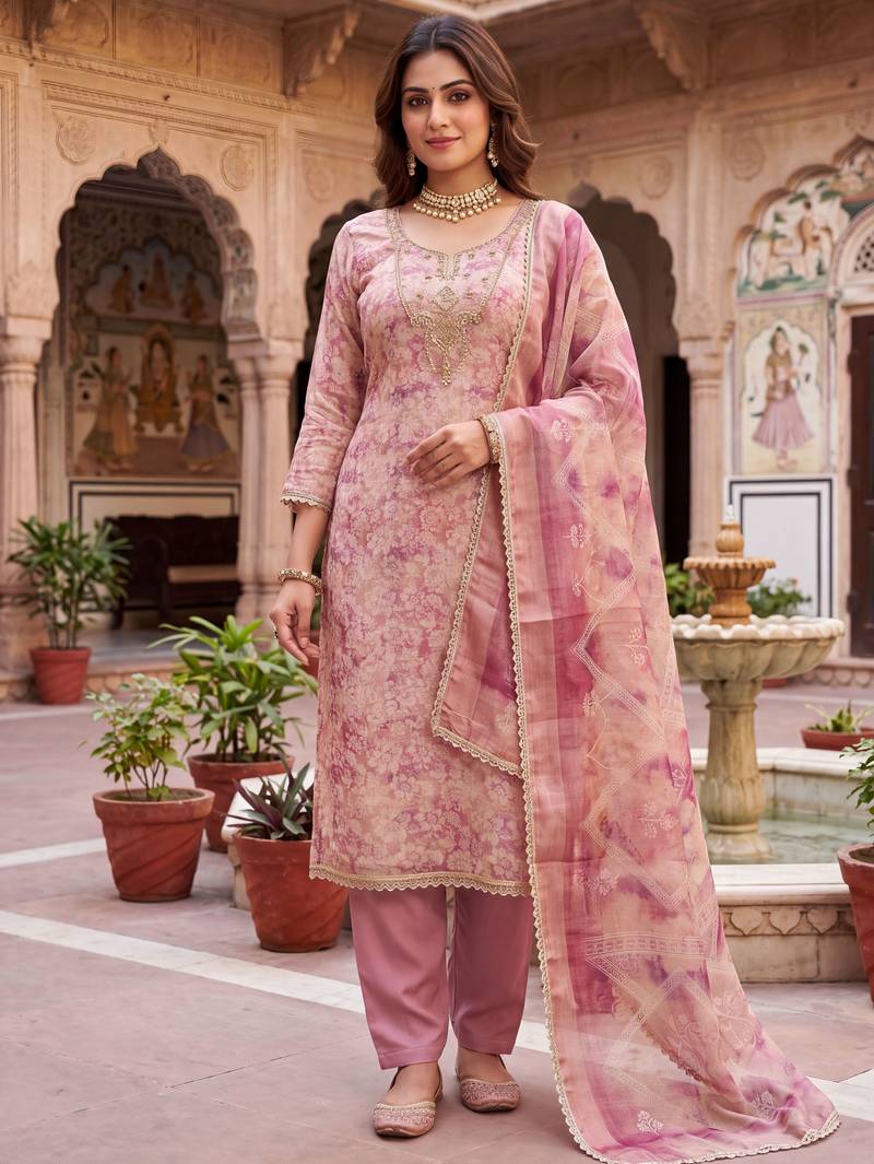 pink ethnic graceful shimmer linen cotton suit for girls