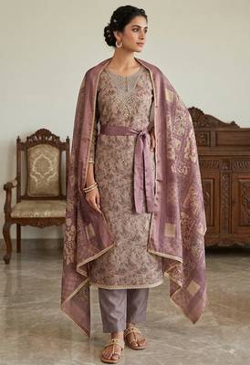 mauve ethnic graceful shimmer linen cotton suit for girls 1