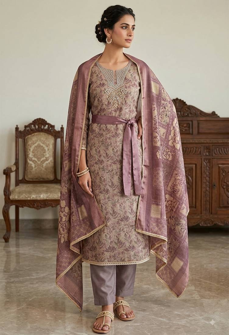 mauve ethnic graceful shimmer linen cotton suit for girls