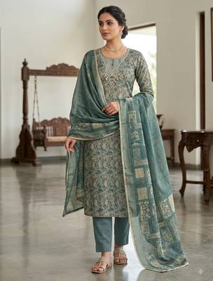 blue ethnic graceful shimmer linen cotton suit for girls 1
