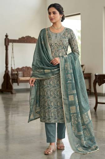 blue ethnic graceful shimmer linen cotton suit for girls