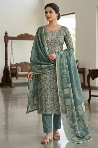 blue ethnic graceful shimmer linen cotton suit for girls