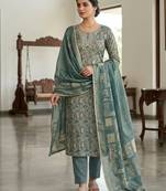 blue ethnic graceful shimmer linen cotton suit for girls