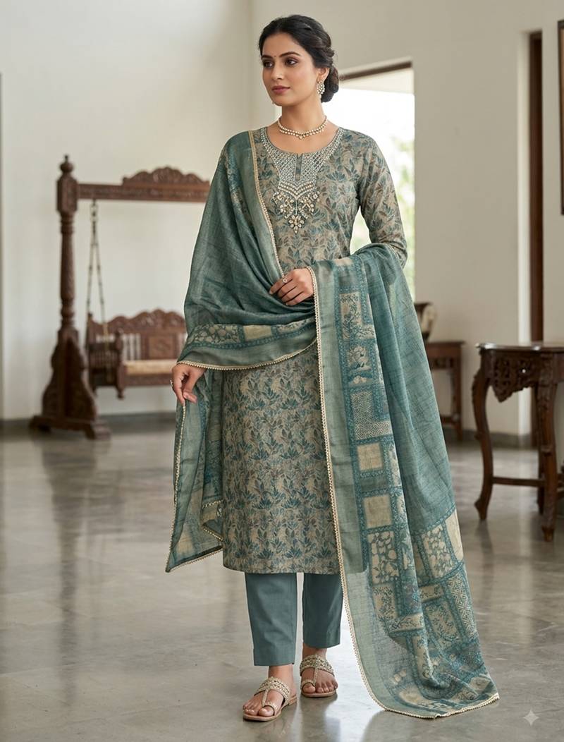 blue ethnic graceful shimmer linen cotton suit for girls