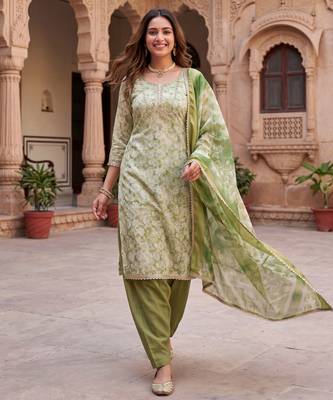 green ethnic graceful shimmer linen cotton suit for girls 1