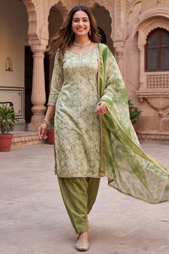 green ethnic graceful shimmer linen cotton suit for girls