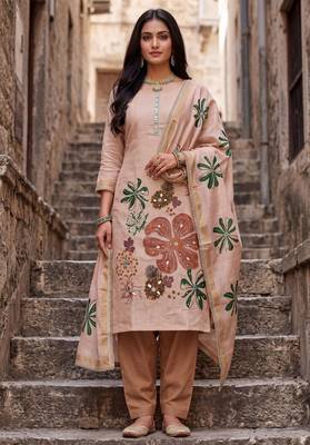 peach ethnic graceful shimmer linen cotton suit for girls 1