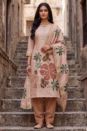 peach ethnic graceful shimmer linen cotton suit for girls