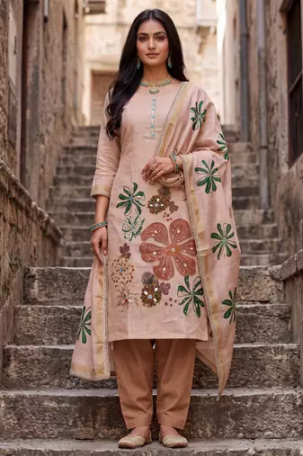 peach ethnic graceful shimmer linen cotton suit for girls