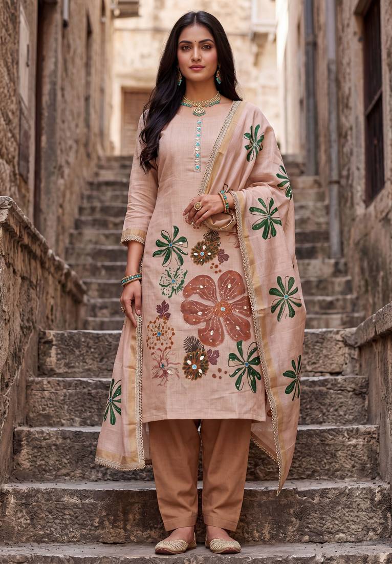 peach ethnic graceful shimmer linen cotton suit for girls