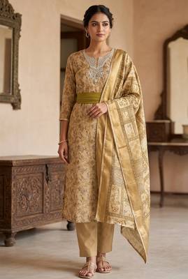 green ethnic graceful shimmer linen cotton suit for girls 1