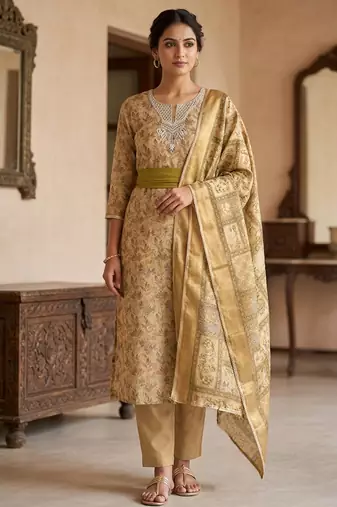 green ethnic graceful shimmer linen cotton suit for girls