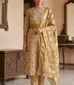 green ethnic graceful shimmer linen cotton suit for girls