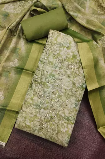 green ethnic graceful shimmer linen cotton suit for girls