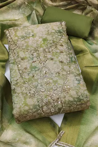 green ethnic graceful shimmer linen cotton suit for girls