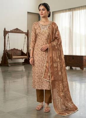 brown ethnic graceful shimmer linen cotton suit for girls 1