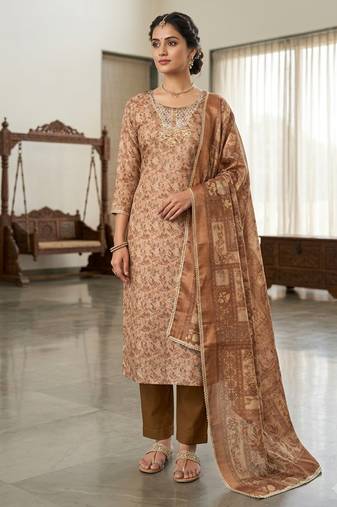 brown ethnic graceful shimmer linen cotton suit for girls