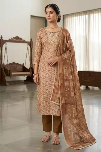 brown ethnic graceful shimmer linen cotton suit for girls