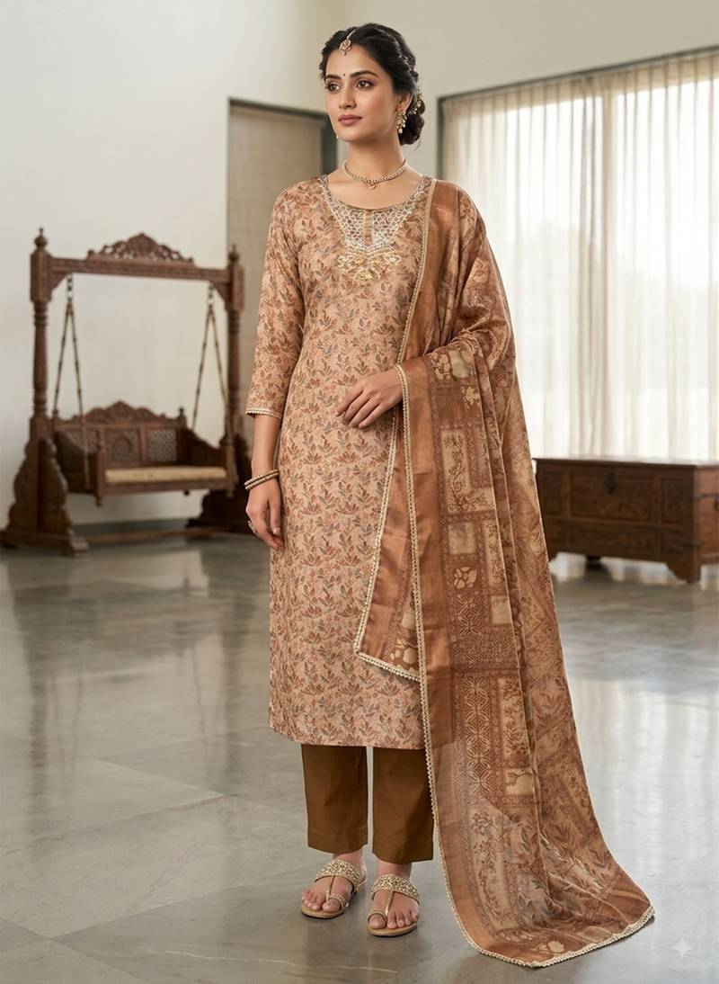 brown ethnic graceful shimmer linen cotton suit for girls