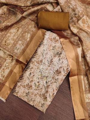 brown ethnic graceful shimmer linen cotton suit for girls 2