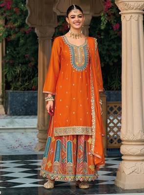 orange ethnic embroidered chinon palazzo dress for girls 1