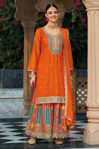 orange ethnic embroidered chinon palazzo dress for girls